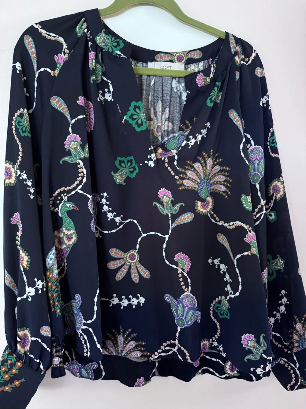 LOFT Navy Floral Peacock V-Neck Long Sleeve Blouse